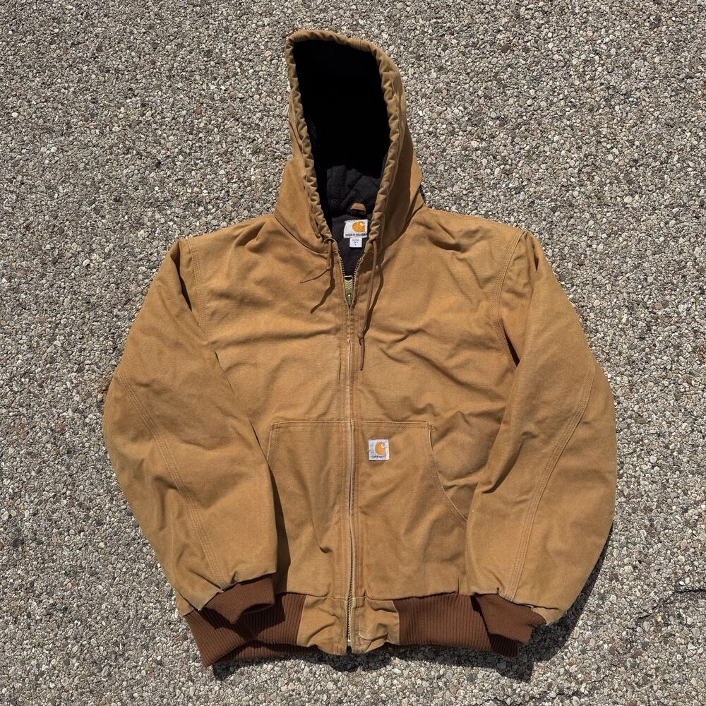 Carhartt Duck Active Jacket Mens Large J140 Brown Canvas Hooded Workwear Y2K - Picture 1 of 11